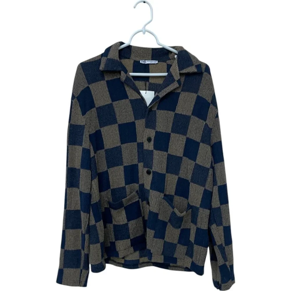 Zara Mens Sweater Size S-M Blue Gray Check Long Sleeve Cardigan 5584/340 NWT
